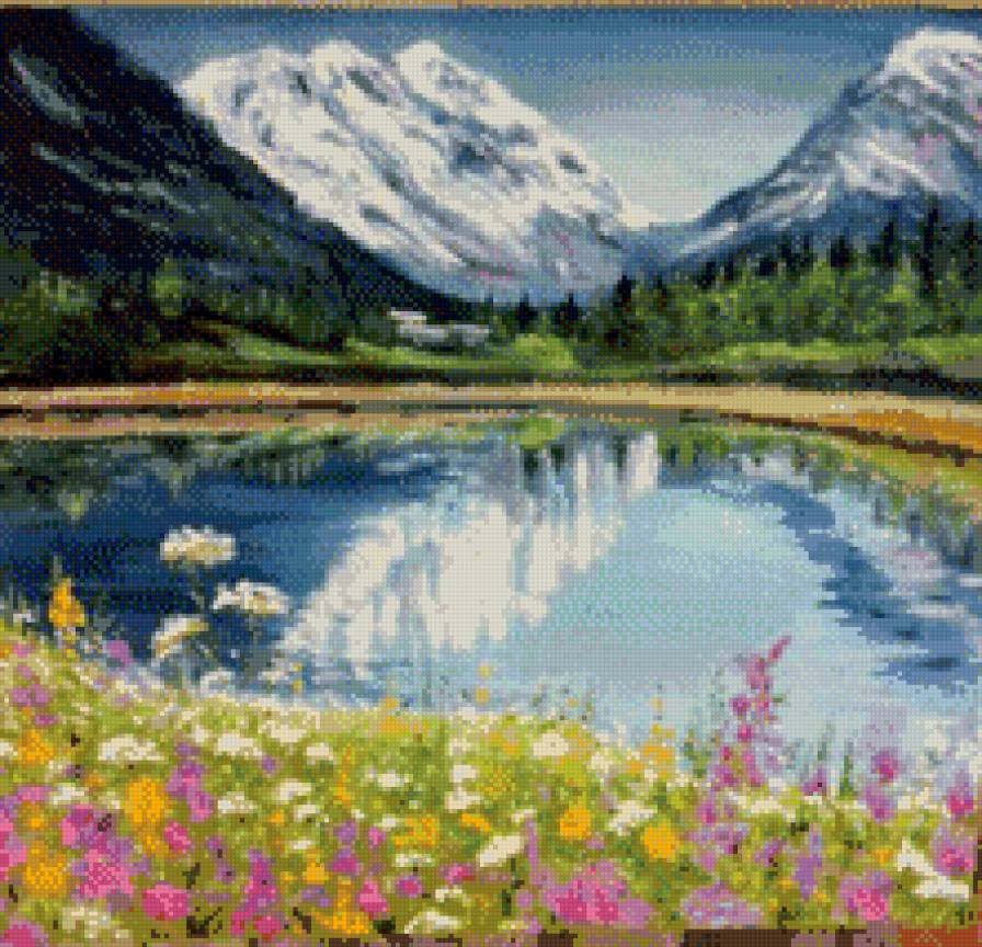 Утро в Альпах - картина, искусство, горы, река, живопись - предпросмотр