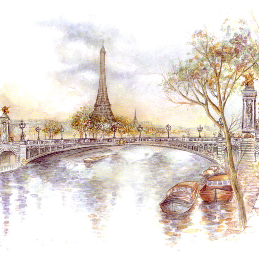 Набережная - вода, дома, лодка, люди - оригинал