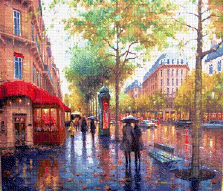 Осень в городе - городской пейзаж, картина, улица, люди, живопись, город - предпросмотр