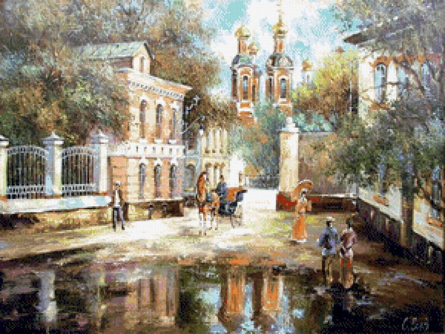 Старый город - картина, люди, живопись, дворик, городской пейзаж, дождь - предпросмотр