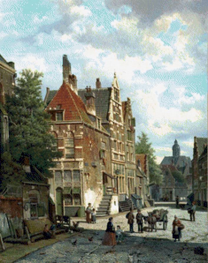 Старый город - картина, город, живопись, городской пейзаж, люди, улица - предпросмотр