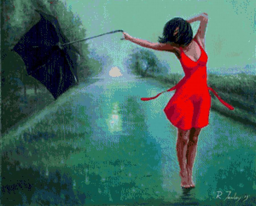 картины художников: музыка дождя - дождь, дорога, девушка, зонт - предпросмотр