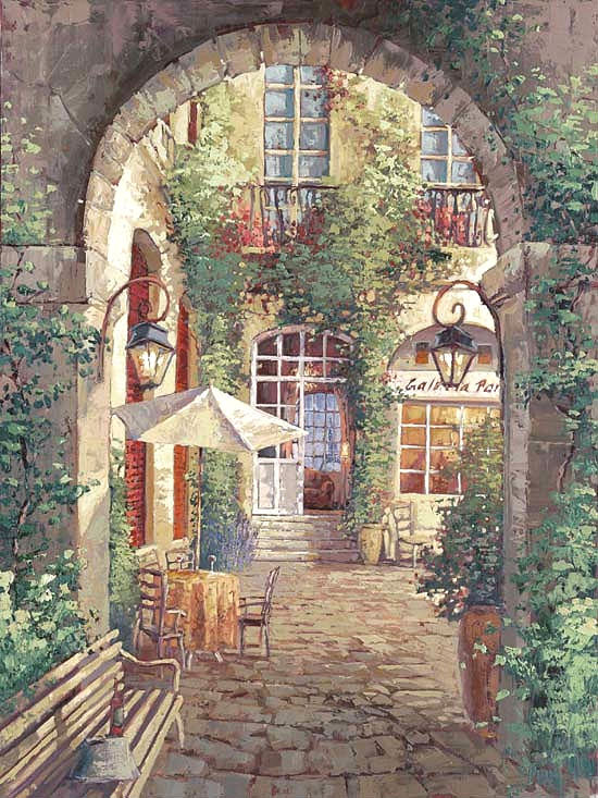 Дворик - улица, городской пейзаж, живопись, город, люди, картина - оригинал