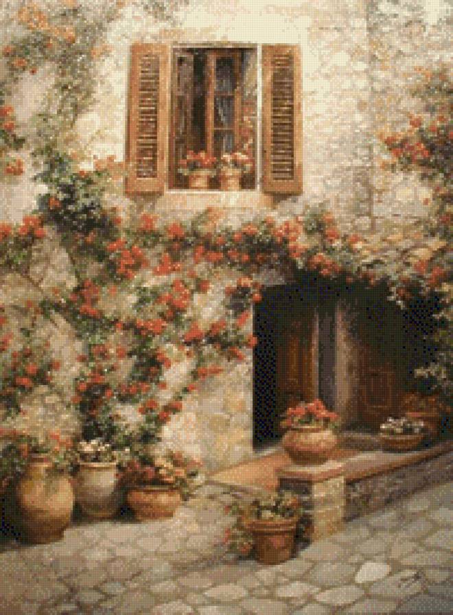 Дворик - живопись, город, картина, улица, городской пейзаж, люди - предпросмотр