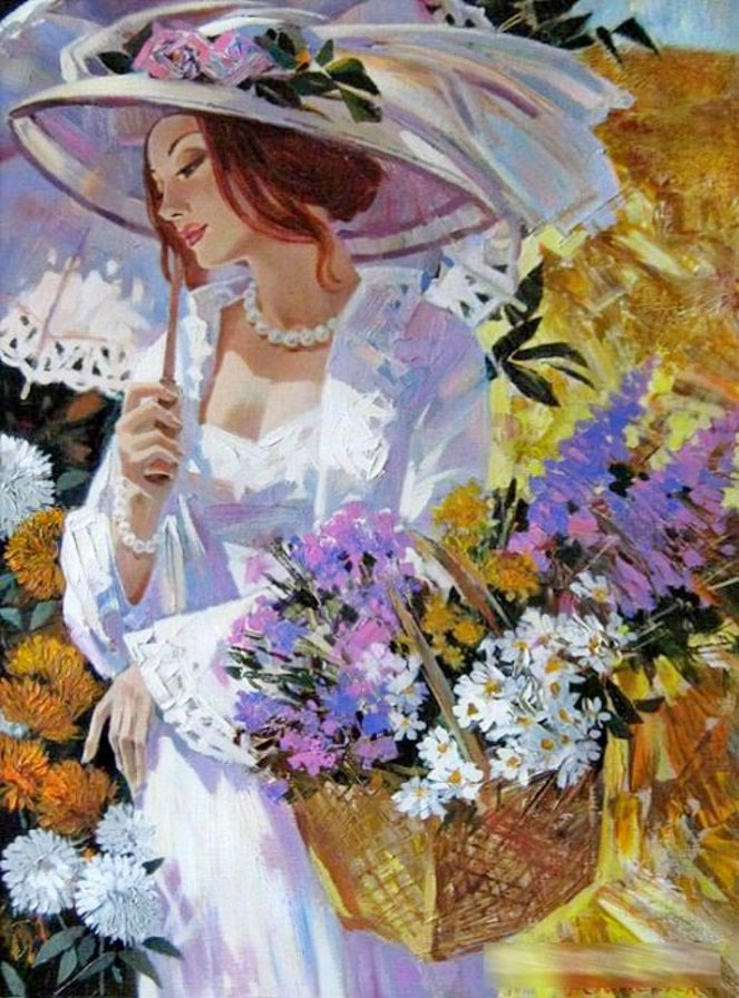 художник Алексей Лашкевич - цветы в корзине, дама в шляпке, зонтик - оригинал