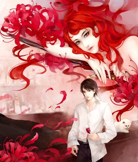 №1063115 - цветы, кот, девушка, парень - оригинал