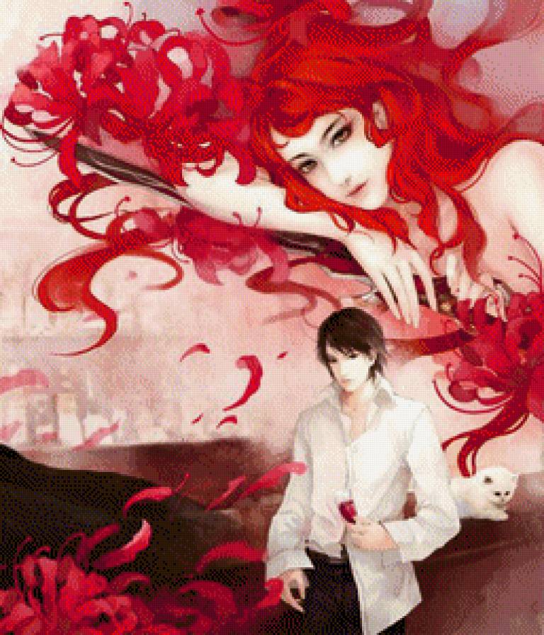 №1063115 - кот, девушка, парень, цветы - предпросмотр