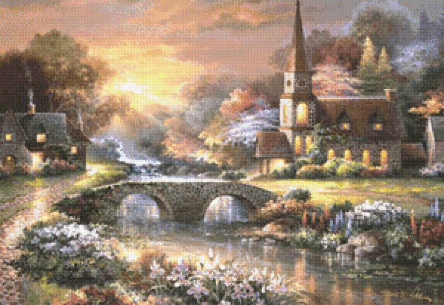 Деревенский пейзаж - вечер, пейзаж, природа, дом - предпросмотр