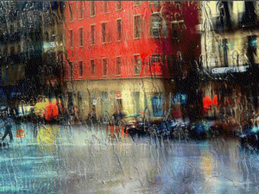 Дождь в городе - город, дождь, пейзаж, дом - предпросмотр