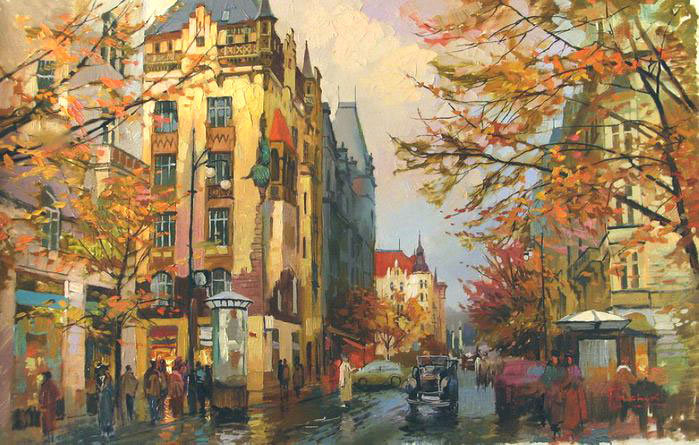 Осень в городе - люди, картина, улица, живопись, городской пейзаж, город - оригинал