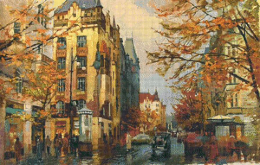 Осень в городе - городской пейзаж, живопись, город, люди, картина, улица - предпросмотр