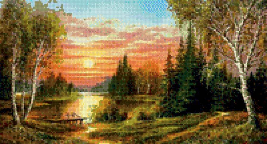 закат - река, закат, лес, солнце, березы - предпросмотр