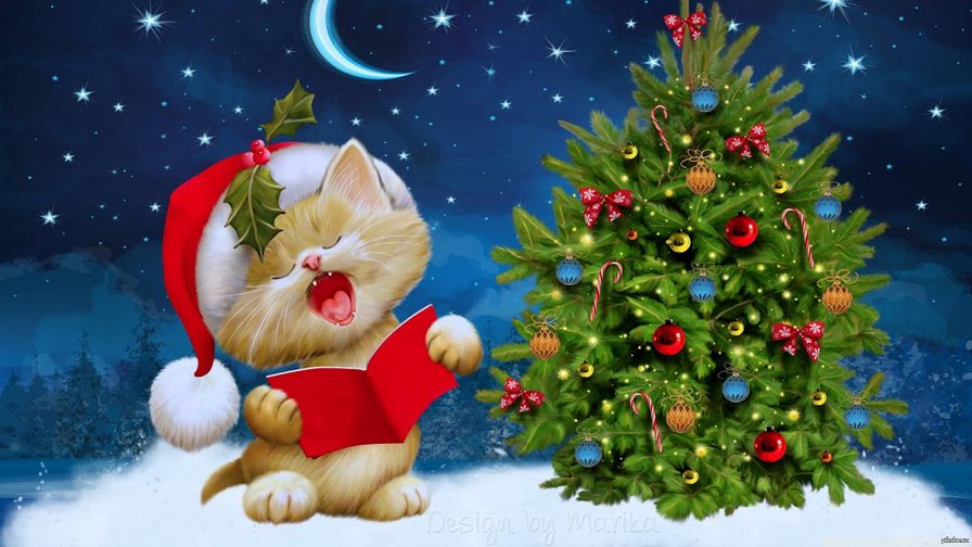 Новогодний кот - кот, ночь, елка, небо, снег, кошка, новый год, открытка, зима - оригинал