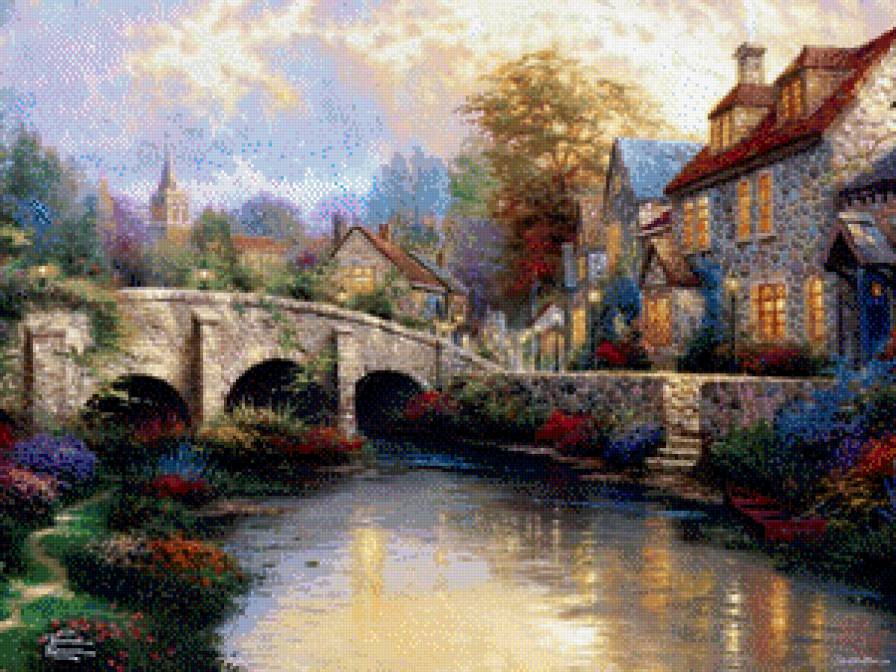 цветочный городок - пейзаж, город, река, цветы - предпросмотр