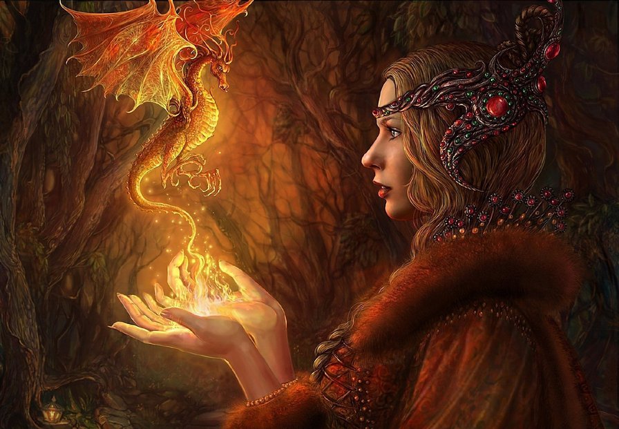 Девушка и дракон - пламя, дракон, лес, девушка - оригинал