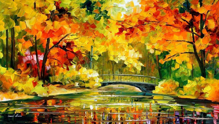 осень в картинах художников - река, мост, парк - оригинал