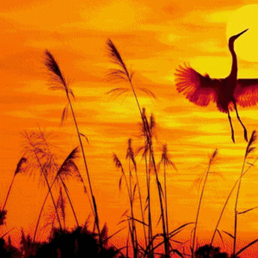 Журавли на закате (левая часть) - пейзаж, птицы, закат - предпросмотр