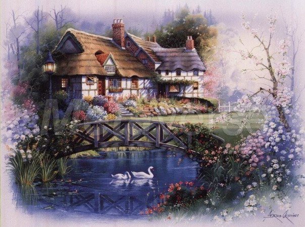 №1070232 - лебеди, картина, пейзаж, пруд, дом - оригинал