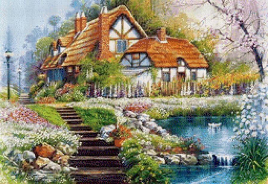 №1070233 - картина, лето, пруд, дом, пейзаж - предпросмотр