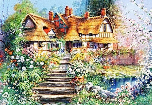 №1070238 - пейзаж, дом, сад, река, картина - оригинал