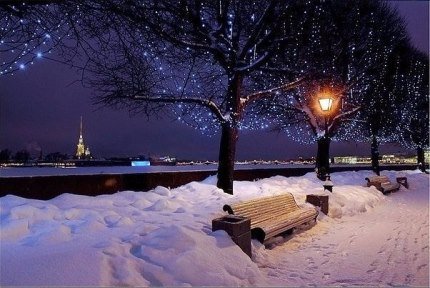 Зимняя набережная - зима, снег, нева, питер, фонарь, река, скамейка, ночь - оригинал
