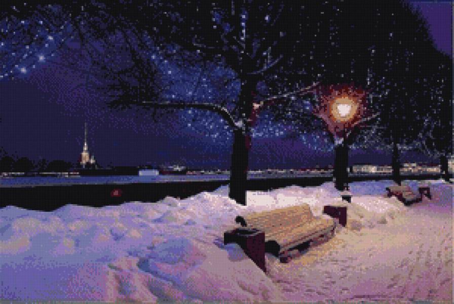 Зимняя набережная - питер, скамейка, нева, фонарь, ночь, зима, снег, река - предпросмотр