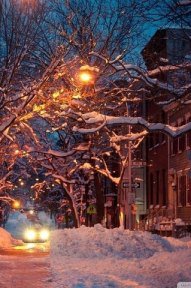 Ночная улица - снег, автомобиль, ночь, улица, фонарь, деревья, зима - оригинал