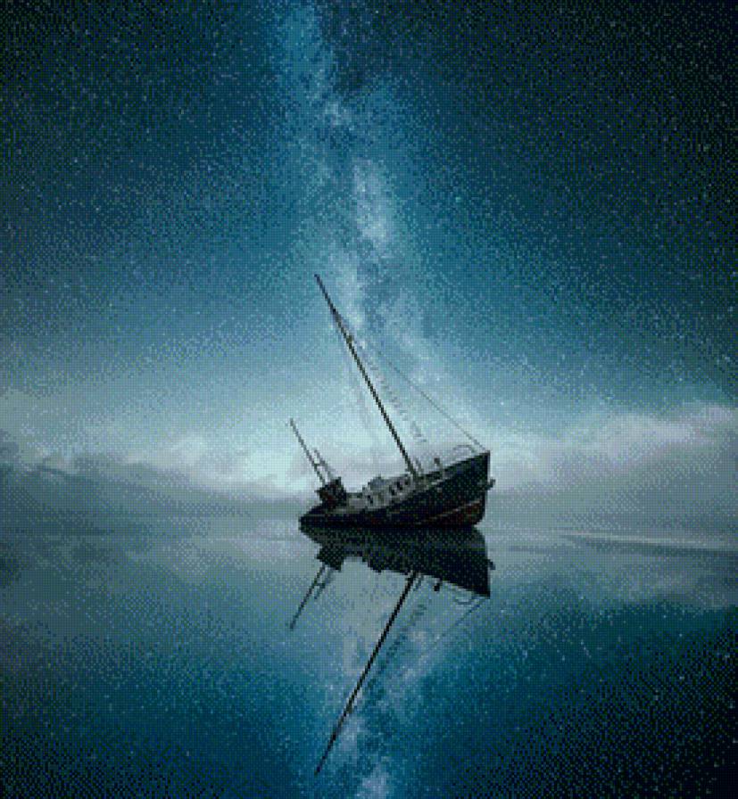 лодка под небом - вечер, небо, озеро, звезды, лодка - предпросмотр
