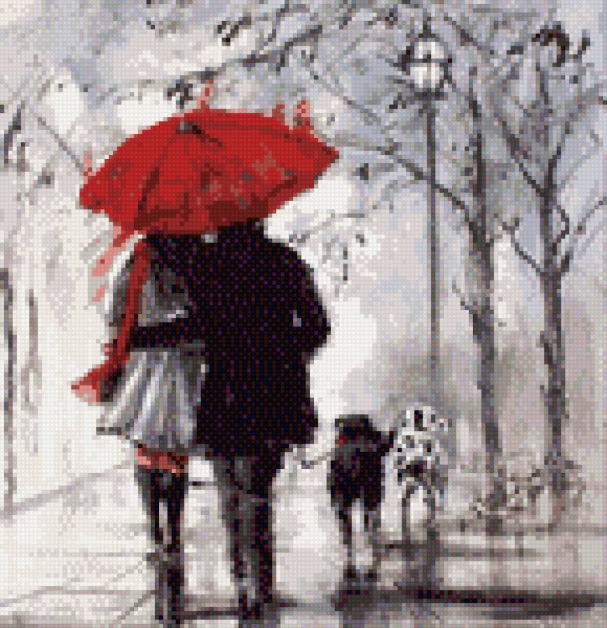 двое под красным зонтом - пара, зонт, дождь - предпросмотр
