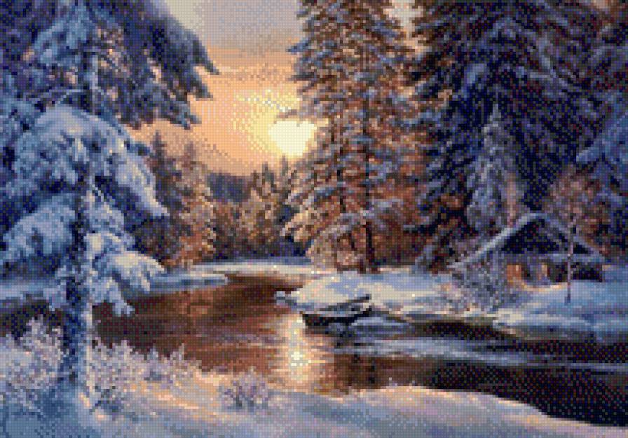 зима - река, зима, ночь - предпросмотр