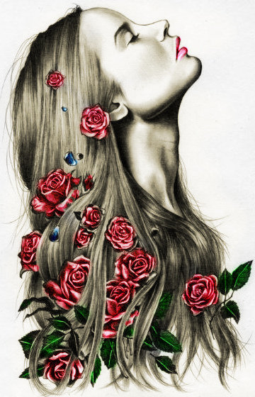Цветы в волосах - женщина, волосы, сепия, цветы, девушка - оригинал