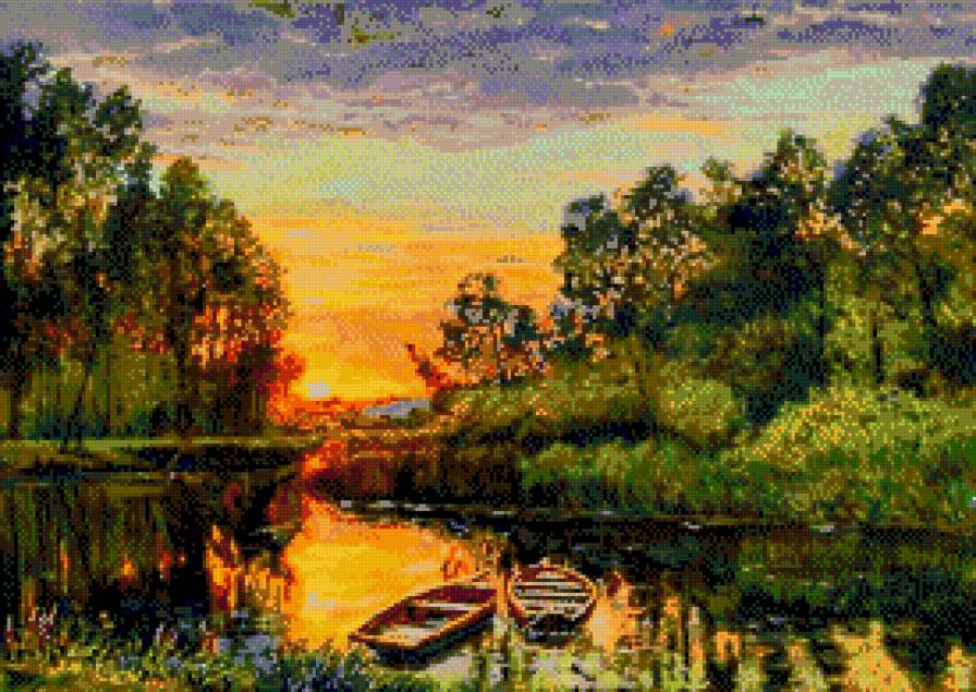 закат - лес, лодки, природа, солнце, озеро - предпросмотр