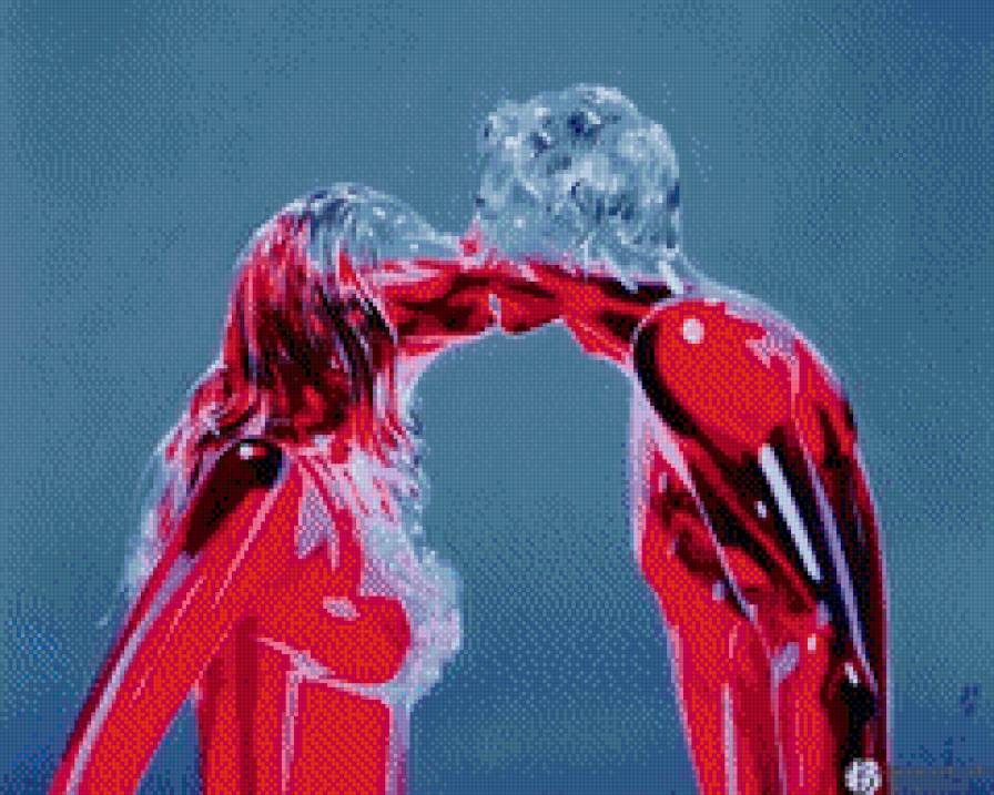 сообщающиеся сосуды - поцелуй, на голубом, девушка, парень, кровь, жидкость - предпросмотр