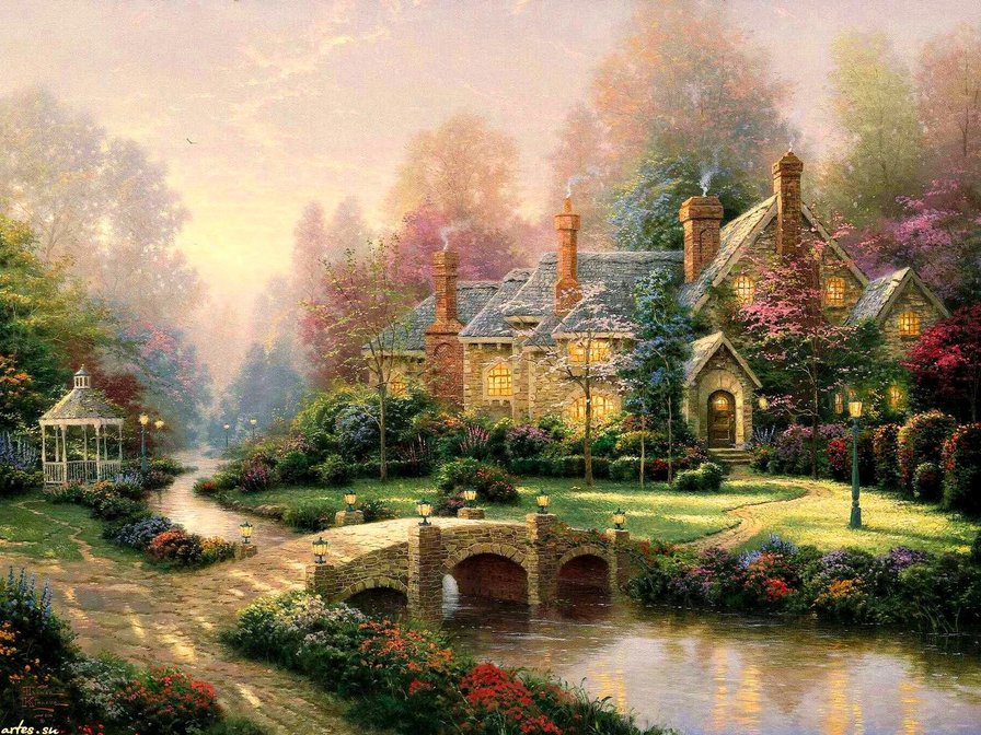 пейзаж с мостом и беседкой - кинкейд - оригинал