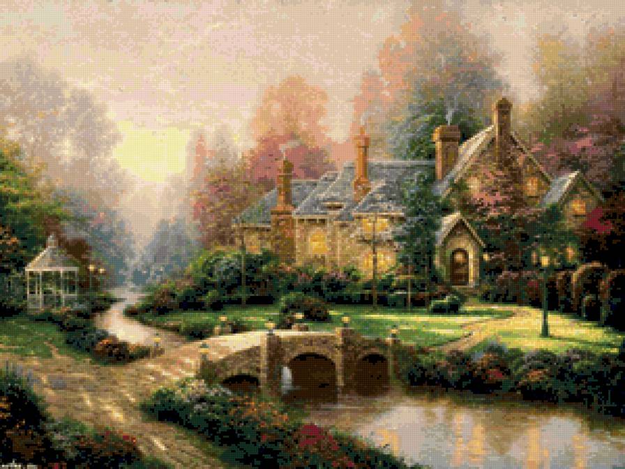 пейзаж с мостом и беседкой - кинкейд - предпросмотр
