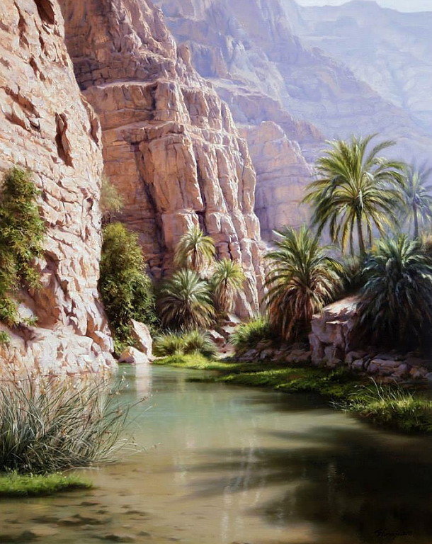 Горы Ирана. - река, пальмы, юг, горы, солнце - оригинал