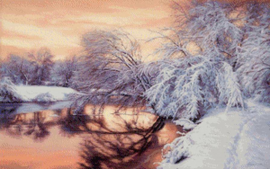 Замерзший закат. - мороз, закат, ива, деревья, снег, река, зима - предпросмотр