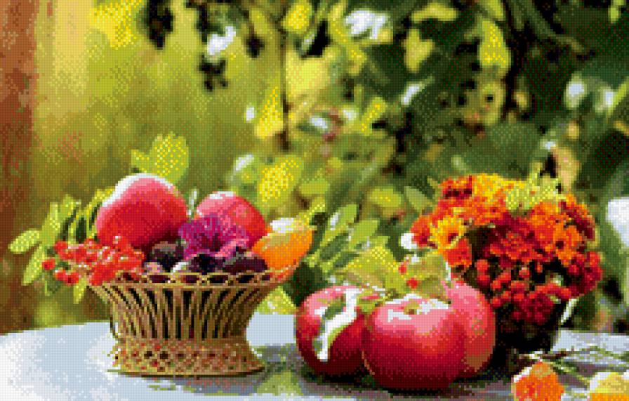 Натюрморт - цветы, фрукты, зелень - предпросмотр