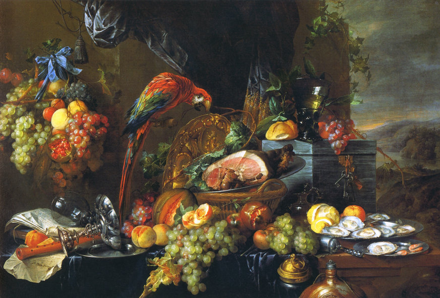 натюрморт - попугай, фрукты - оригинал