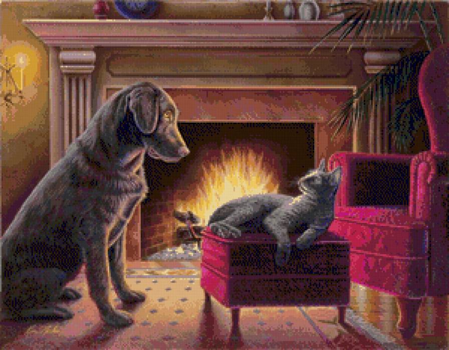 у камина - кот, картина ким норлен, собака - предпросмотр