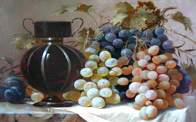 Натюрморт - персик, вино, натюрморт, виноград - оригинал