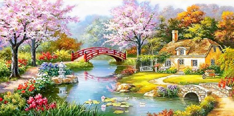 художник Сунг Ким - сказочный пейзаж - домик, весна, природа, деревья в цвету - оригинал