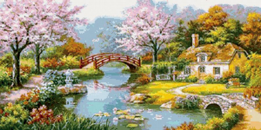 художник Сунг Ким - сказочный пейзаж - деревья в цвету, домик, природа, весна - предпросмотр