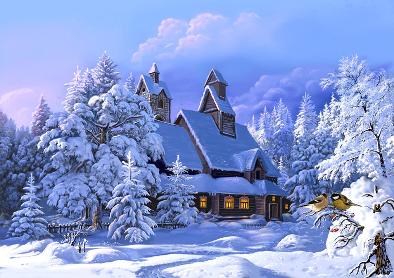 Зимний дом - синицы, зима, дом - оригинал