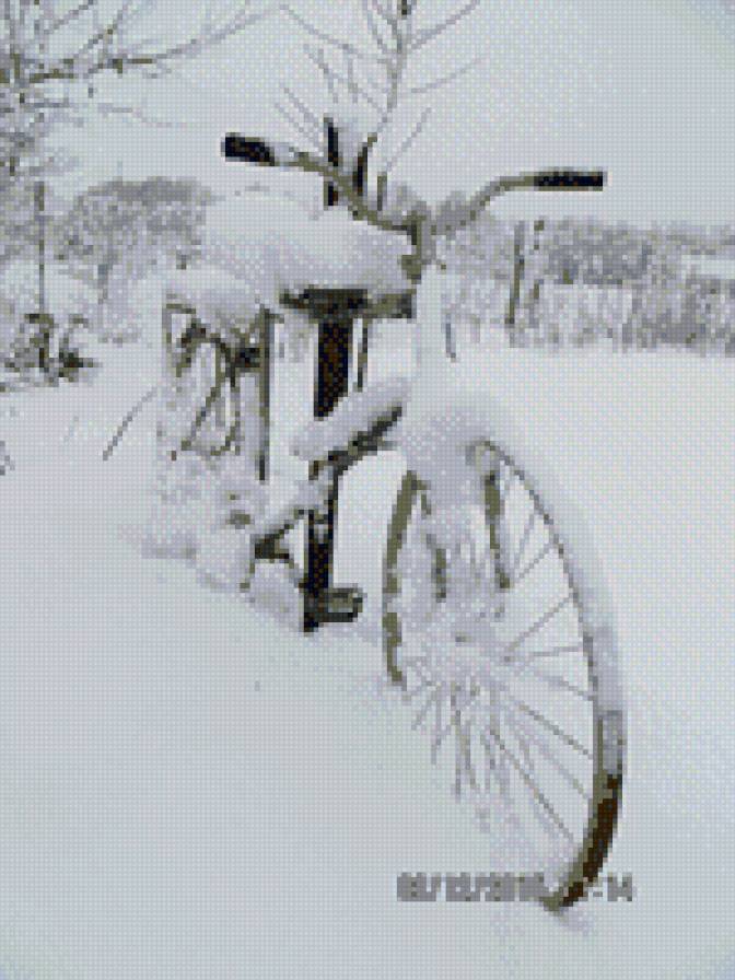 Заснеженный велосипед - велосипед, пейзаж, зима - предпросмотр