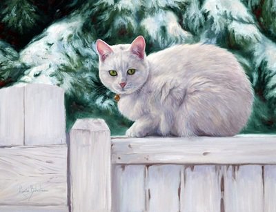 Кошка на заборе - забор, кошка, ель, снег, животное - оригинал