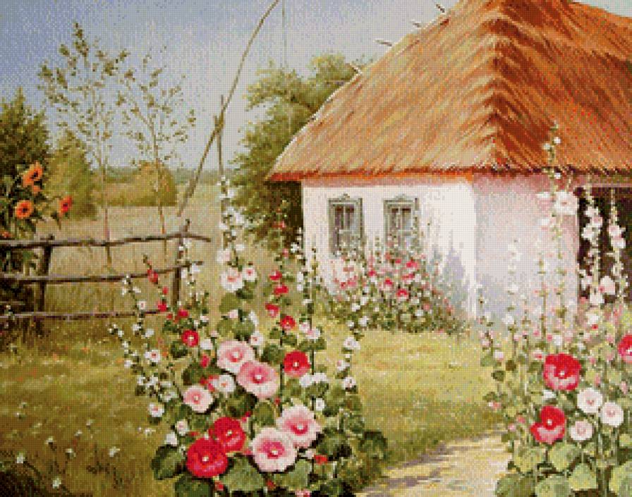 деревенский пейзаж - цветы, домики, природа, лето, пейзаж - предпросмотр