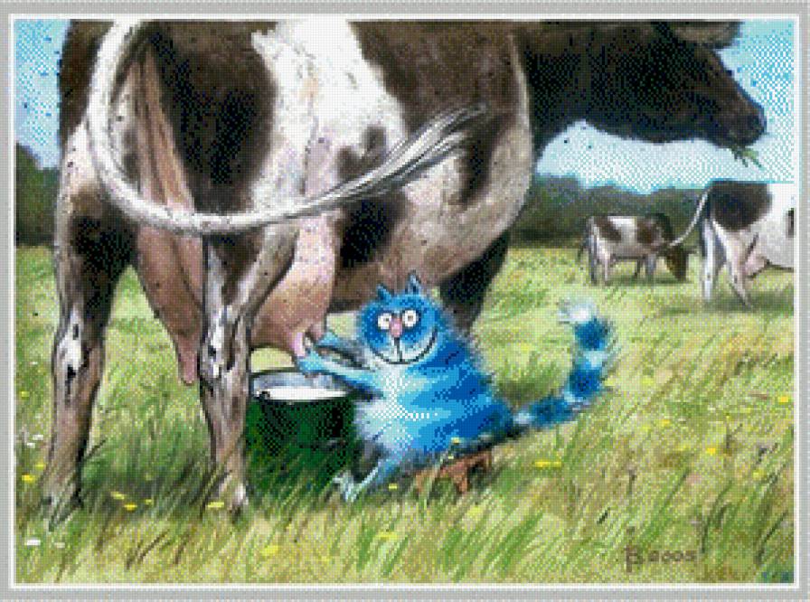 Синий кот - пастбище, синий кот, корова, доить, кот - предпросмотр