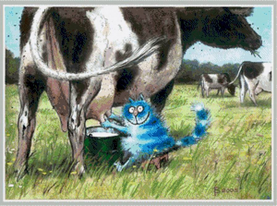 дояр - синий кот, коты, корова - предпросмотр