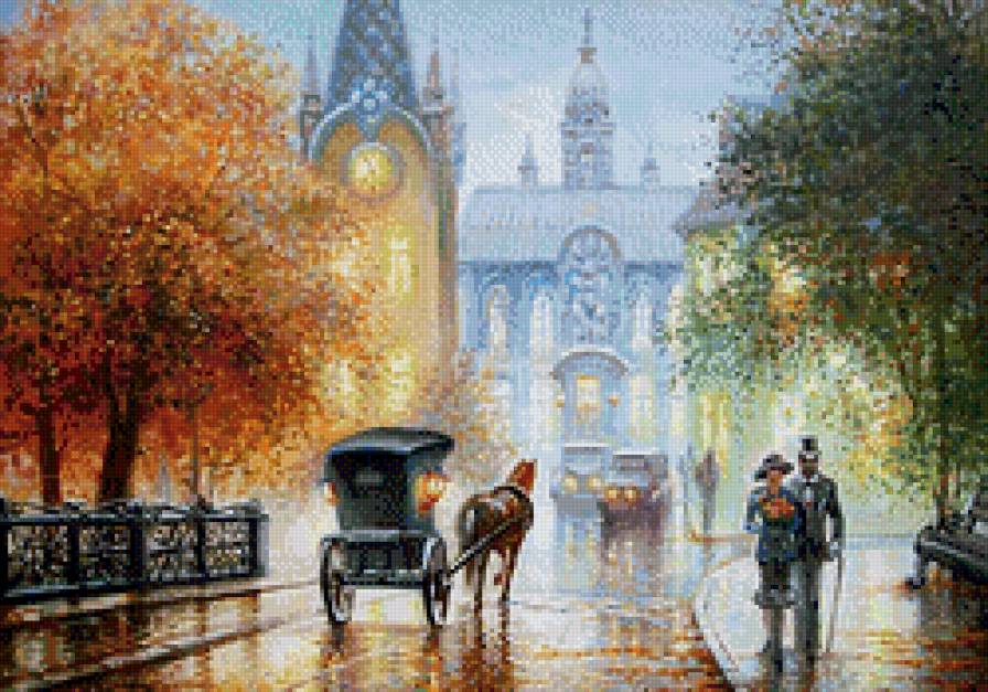 Осеннее настроение - городской пейзаж, осень, жанровая сцена, дождь, прогулка - предпросмотр